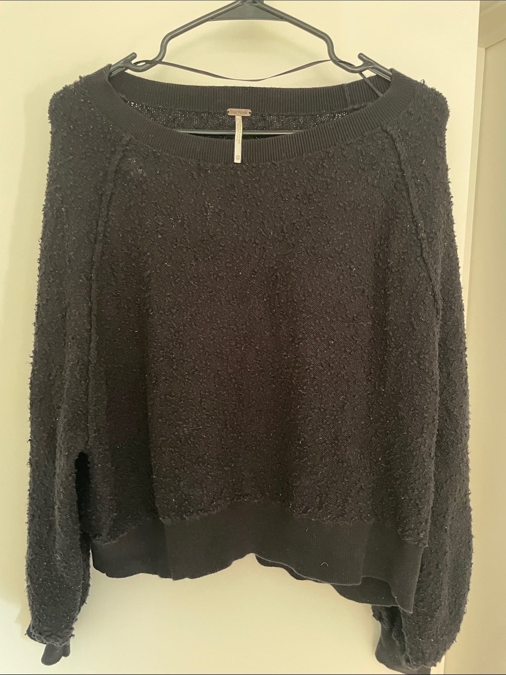 Free People Black Textured Crewneck Cropped Sweater